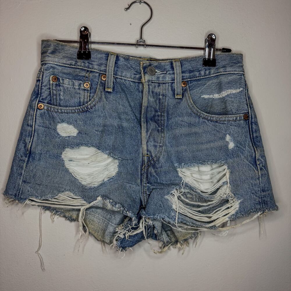 evi's Premium 501 Distressed Denim Shorts High Rise Frayed Cutoff Light Wash 26